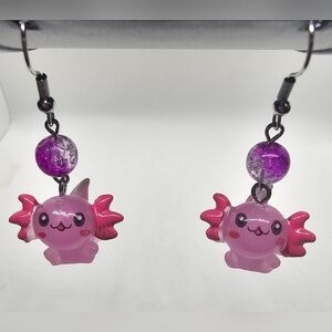 Cute Pink Axolotl Earrings - Handmade -‎ Hypoallergenic (Dangle w/ hook)